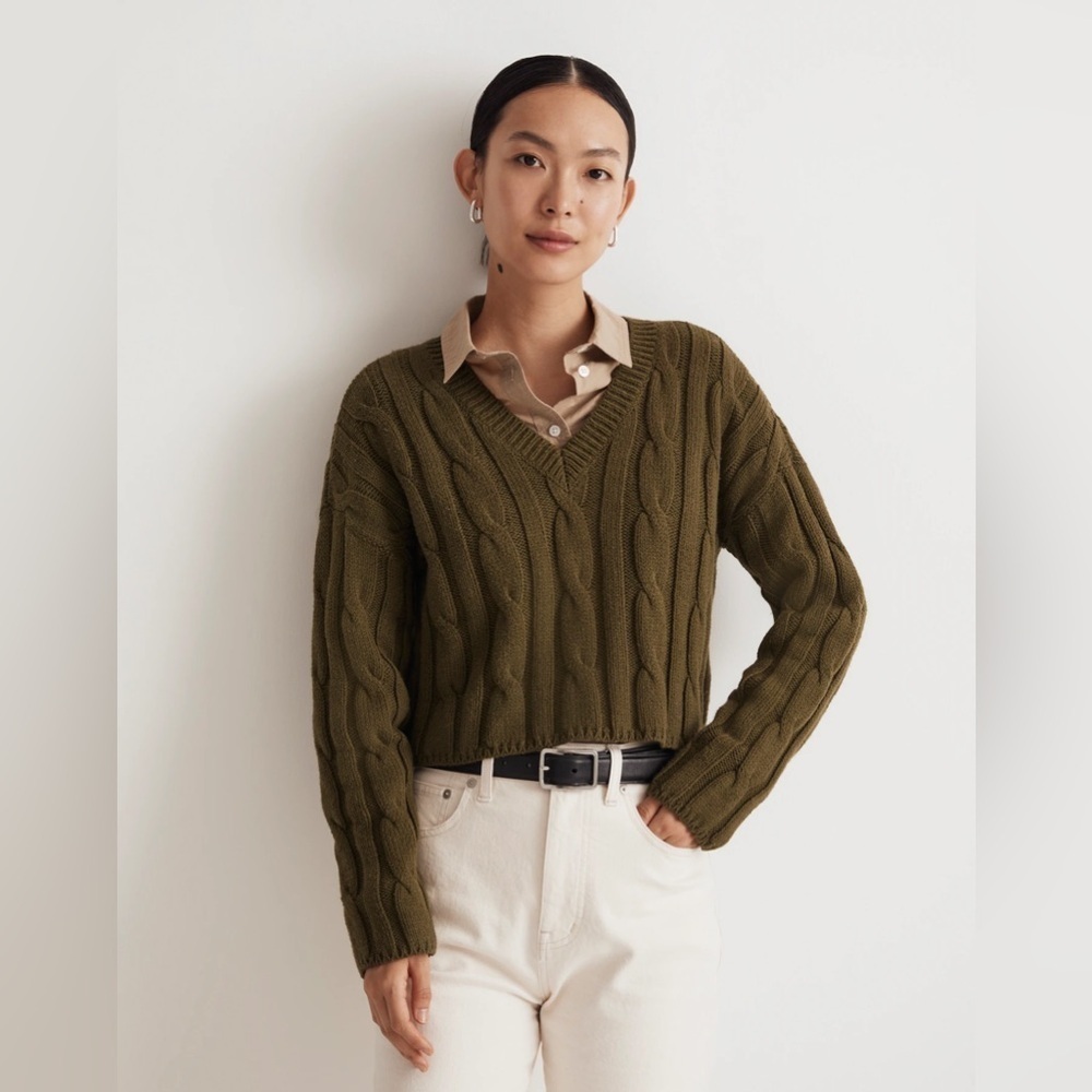 Madewell Cable-Knit V-Neck Crop Sweater NM613